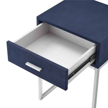 24" Silver Metallic And Navy Blue End Table With Drawer