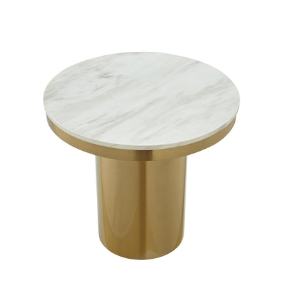 22" Gold And White Marble And Stainless Steel Round End Table