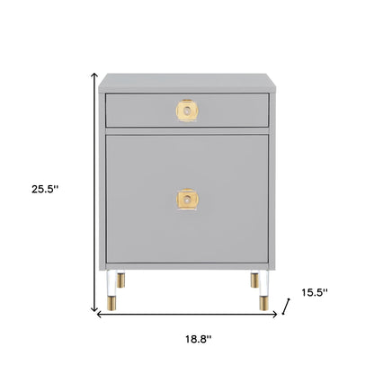 26" Clear And Light Gray End Table With Drawer And Shelf