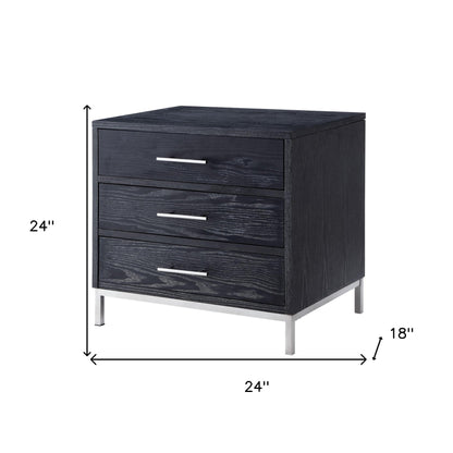 24" Silver Metallic And Black End Table With Three Drawers