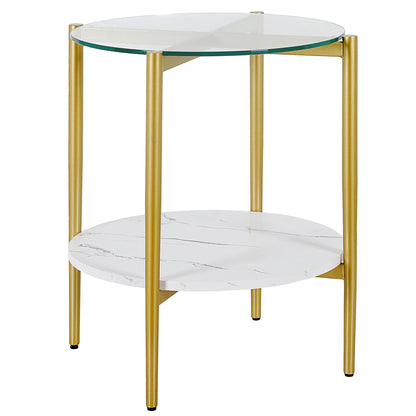 22" Gold And Clear Glass And Steel Round End Table With Shelf