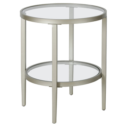 24" Nickel And Clear Glass And Steel Round End Table With Shelf