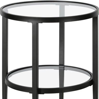 24" Black And Clear Glass And Steel Round End Table With Shelf