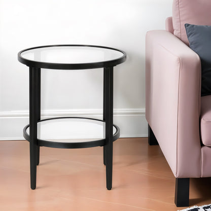 24" Black And Clear Glass And Steel Round End Table With Shelf