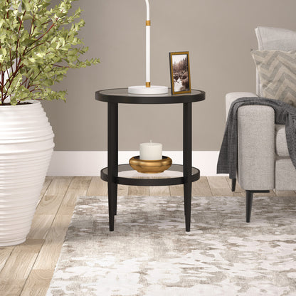 24" Black And Clear Glass And Steel Round End Table With Shelf