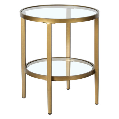 24" Antiqued Brass And Clear Glass And Steel Round End Table With Shelf