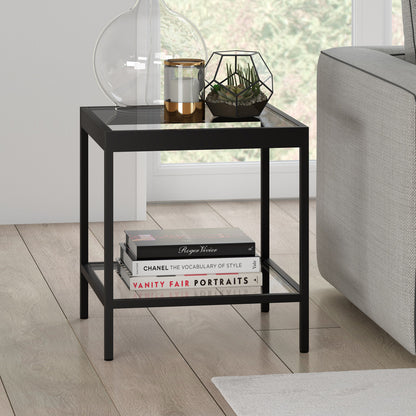 22" Black And Clear Glass And Steel Square End Table With Shelf