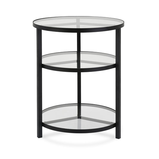 24" Black And Clear Glass And Steel Round End Table With Two Shelves