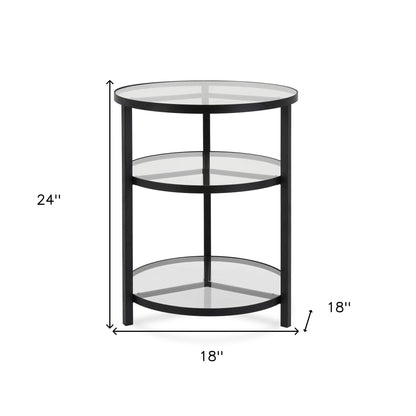 24" Black And Clear Glass And Steel Round End Table With Two Shelves