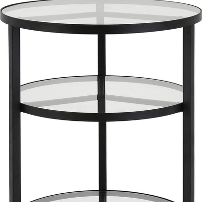 24" Black And Clear Glass And Steel Round End Table With Two Shelves