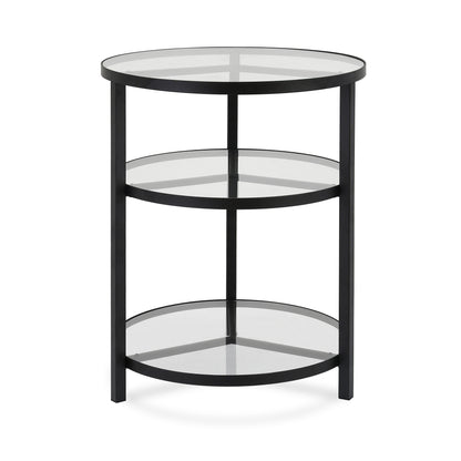 24" Black And Clear Glass And Steel Round End Table With Two Shelves