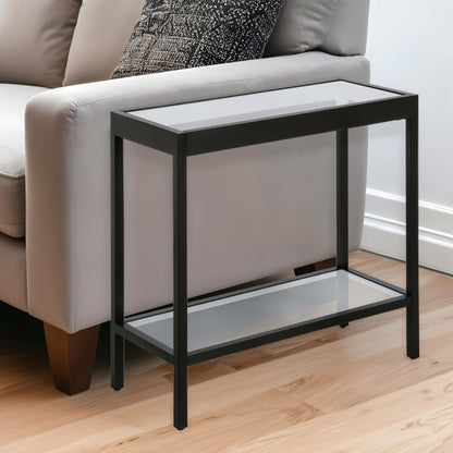 24" Black And Clear Glass And Steel End Table With Shelf