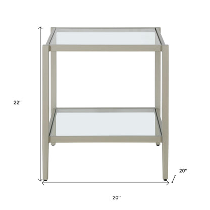 22" Nickel And Clear Glass And Steel Square End Table With Shelf