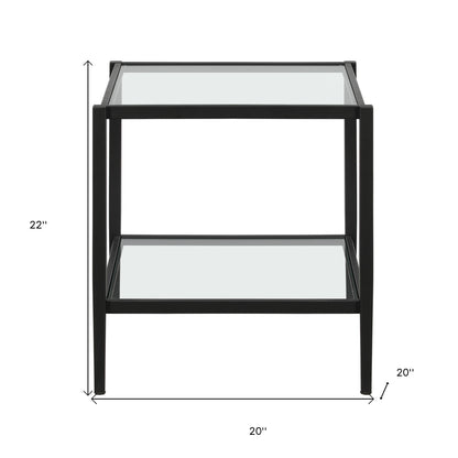 22" Black And Clear Glass And Steel Square End Table With Shelf