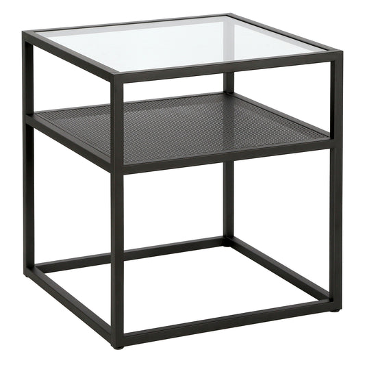 22" Black And Clear Glass And Steel Square End Table With Shelf