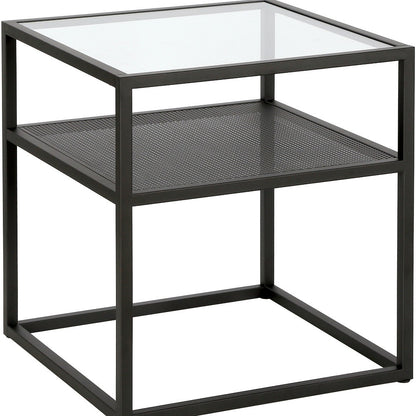 22" Black And Clear Glass And Steel Square End Table With Shelf