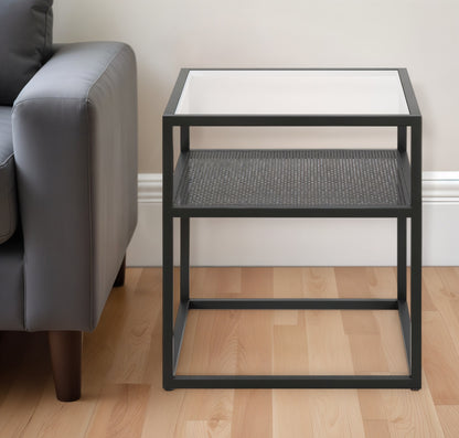 22" Black And Clear Glass And Steel Square End Table With Shelf