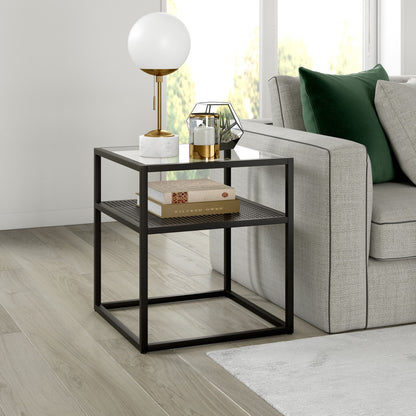 22" Black And Clear Glass And Steel Square End Table With Shelf