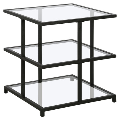 24" Black And Clear Glass And Steel Square End Table With Two Shelves