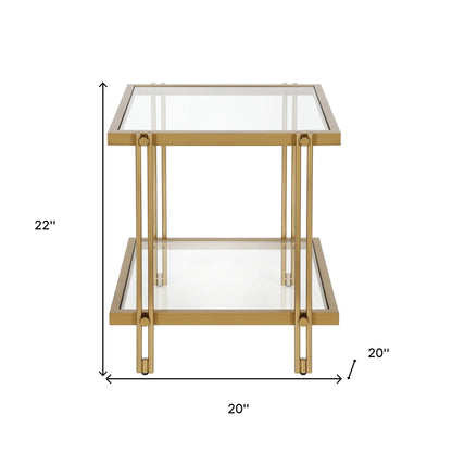 22" Brass And Clear Glass And Steel Square End Table With Shelf