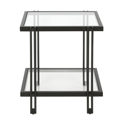 22" Black And Clear Glass And Steel Square End Table With Shelf