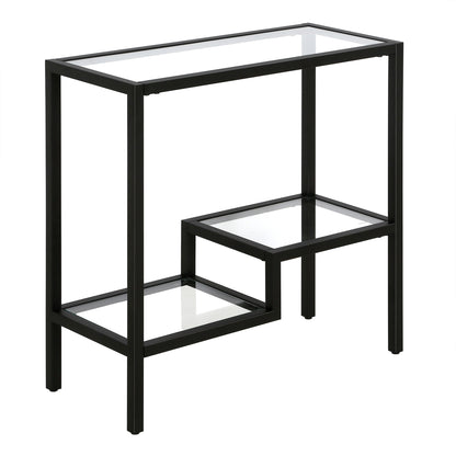 24" Black And Clear Glass And Steel End Table With Two Shelves