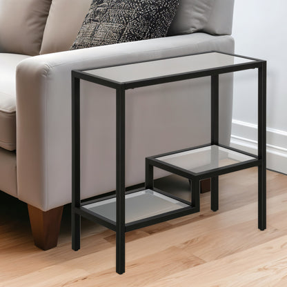 24" Black And Clear Glass And Steel End Table With Two Shelves