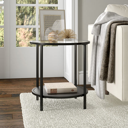 22" Black And Clear Glass And Steel Round End Table With Shelf