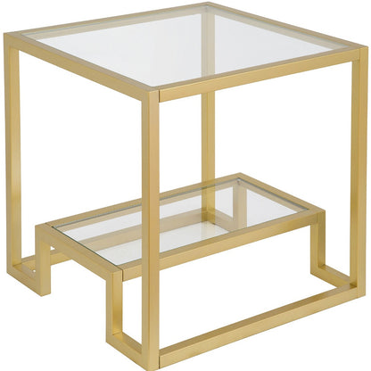 22" Brass And Clear Glass And Steel Square End Table With Shelf