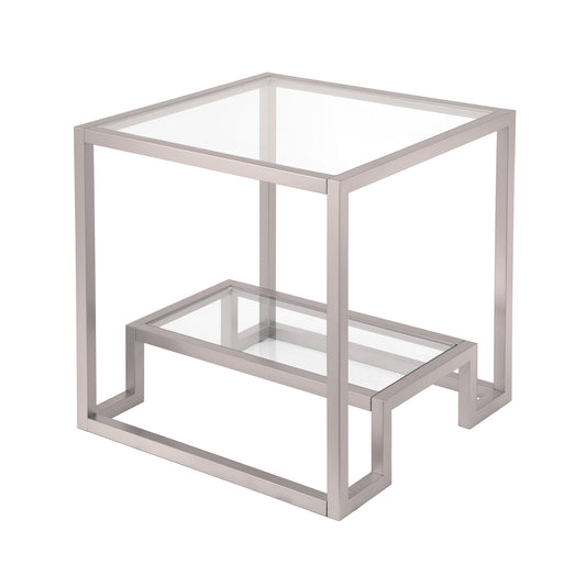 22" Nickel And Clear Glass And Steel Square End Table With Shelf