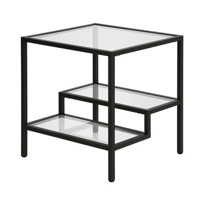 22" Black And Clear Glass And Steel Square End Table With Two Shelves