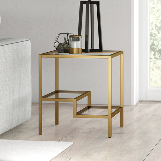 22" Brass And Clear Glass And Steel Square End Table With Two Shelves