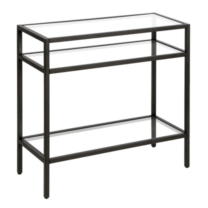 24" Black And Clear Glass And Steel End Table With Two Shelves