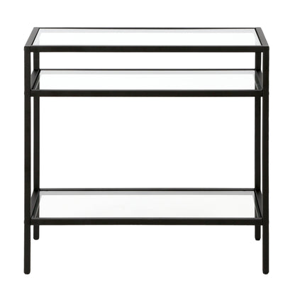 24" Black And Clear Glass And Steel End Table With Two Shelves