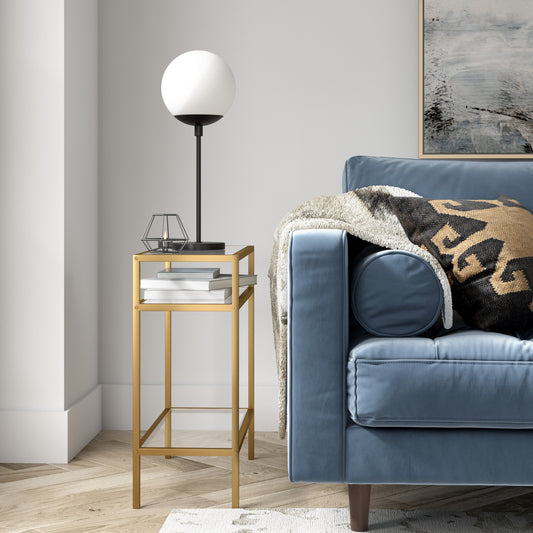 24" Brass And Clear Glass And Steel End Table With Two Shelves