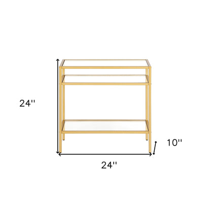 Table d'appoint de 24 po en laiton, verre transparent et acier avec deux étagères