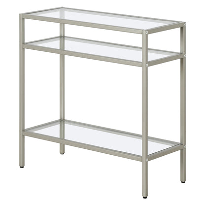 24" Nickel And Clear Glass And Steel End Table With Two Shelves