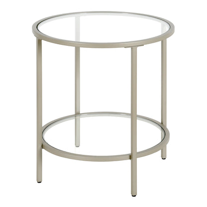 22" Nickel And Clear Glass And Steel Round End Table With Shelf