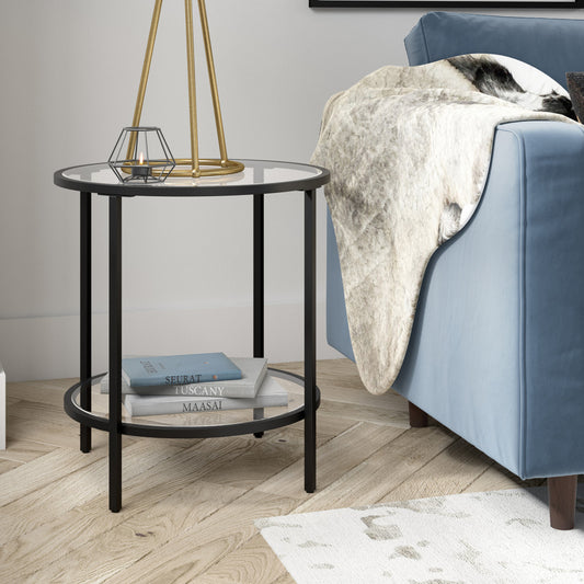 22" Black And Clear Glass And Steel Round End Table With Shelf