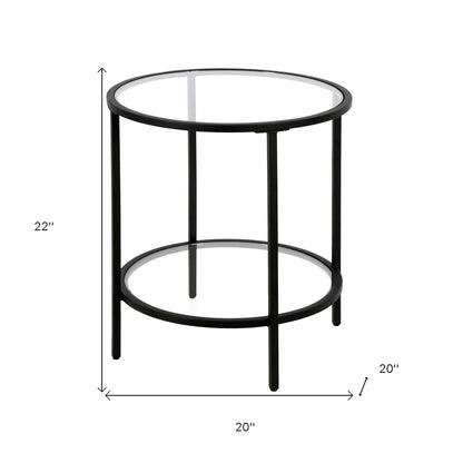 22" Black And Clear Glass And Steel Round End Table With Shelf