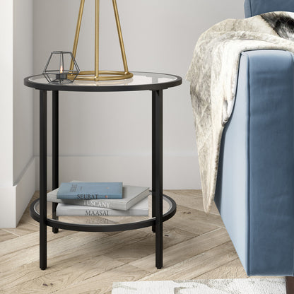 22" Black And Clear Glass And Steel Round End Table With Shelf