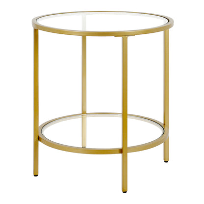 22" Brass And Clear Glass And Steel Round End Table With Shelf