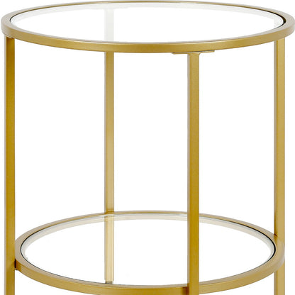 22" Brass And Clear Glass And Steel Round End Table With Shelf