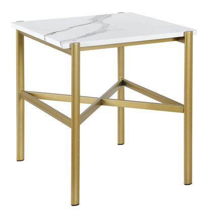 22" Gold And White Faux Marble And Steel End Table