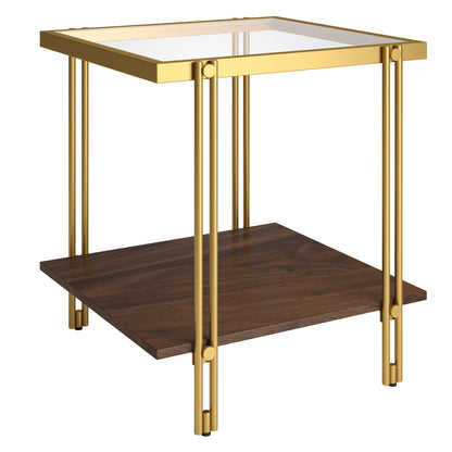 22" Brass And Clear Glass And Steel Square End Table With Shelf