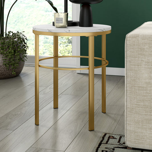 24" Brass And White Faux Marble And Steel Round End Table