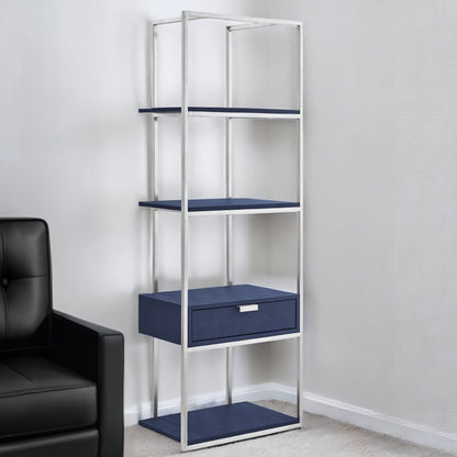 68" Gray Stainless Steel Four Tier Etagere Bookcase with a drawer