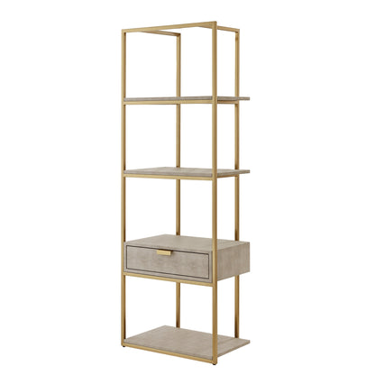 68" Gray Stainless Steel Four Tier Etagere Bookcase with a drawer