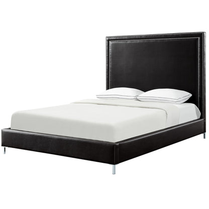 Espresso Solid Wood King Upholstered Faux Leather Bed with Nailhead Trim