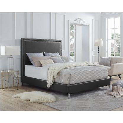 Espresso Solid Wood King Upholstered Faux Leather Bed with Nailhead Trim